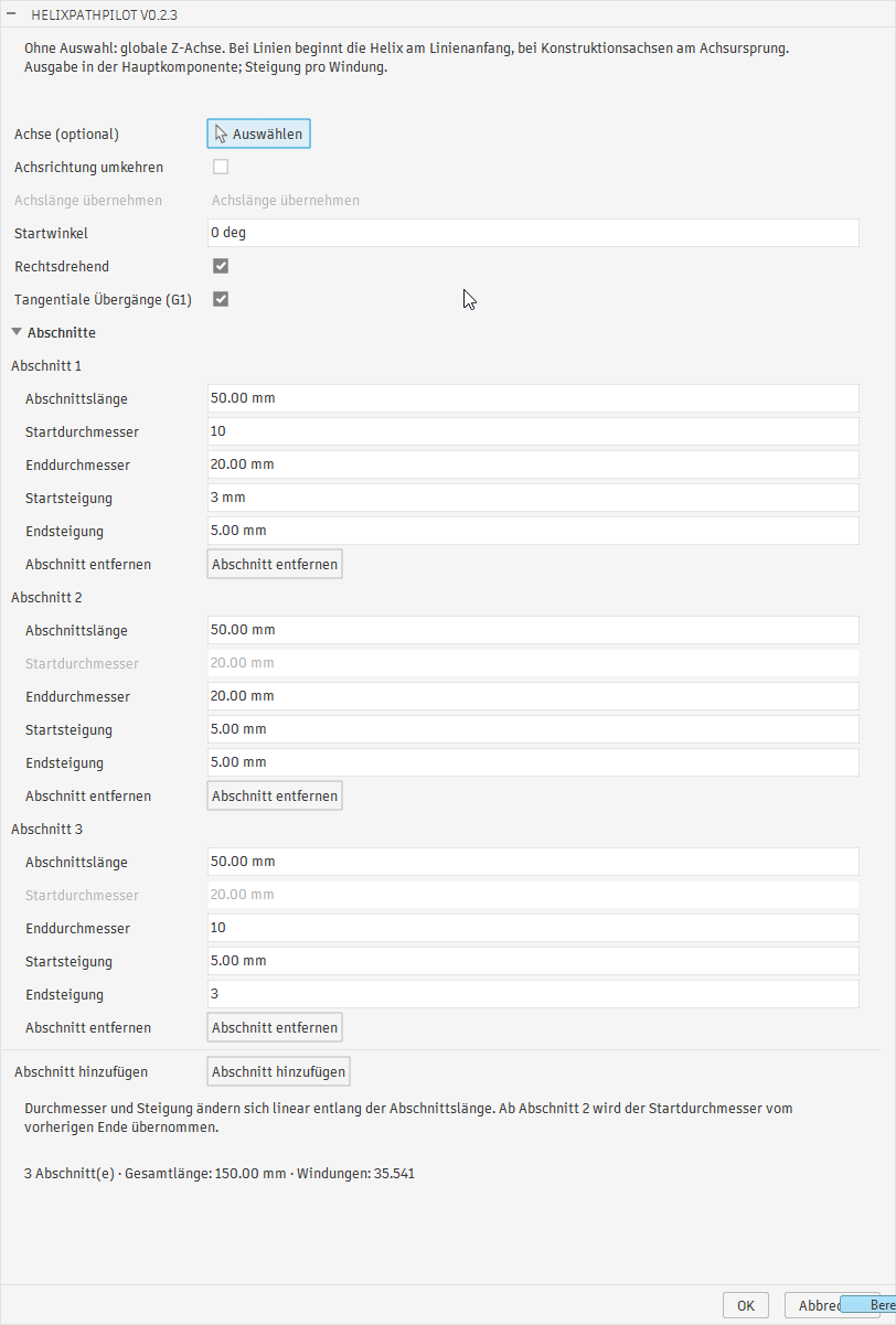 HelixPathPilot-Dialog mit drei Helixabschnitten und aktivierten tangentialen Übergängen