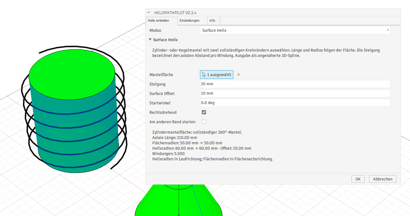 HelixPathPilot 0.3.4 mit Helix-Vorschau im Abstand von 10 mm zur Zylindermantelfläche