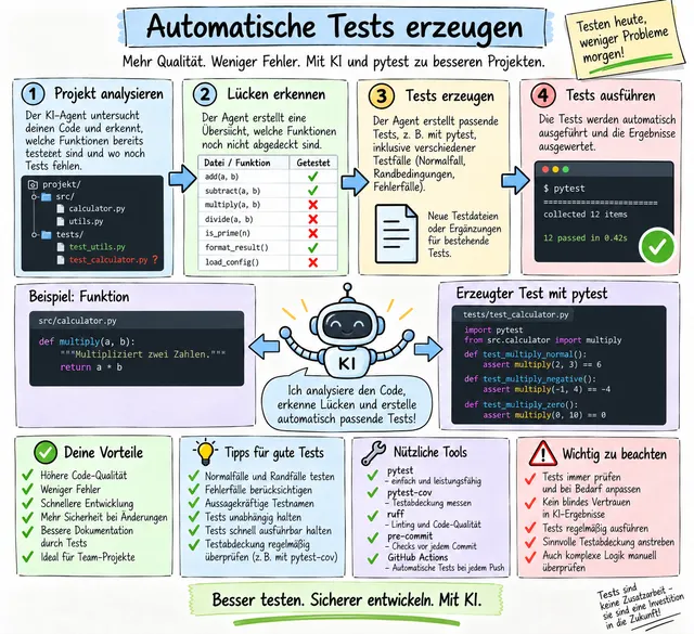 Workshop-Plakat: Automatische Tests mit KI und pytest